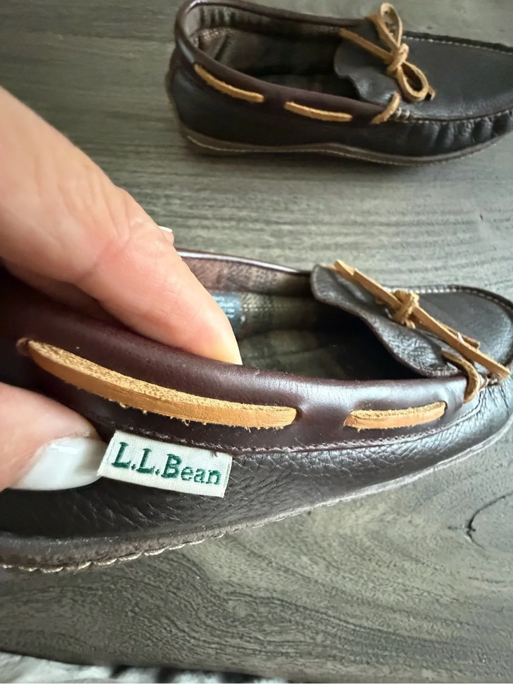 L.L. Bean Dark Brown Leather Moccasin Loafers with Tan Laces